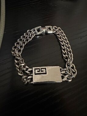 Givenchy Silver Tone Double Chain Signature Plaque Bracelet